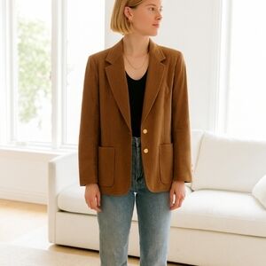 Vintage Tailored Brown Single-Breasted Blazer with Gold Buttons